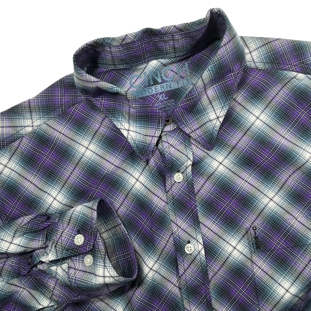 Cinch Button Down Shirt Mens XL Purple Teal Plaid Modern Fit Long Sleeve Cotton